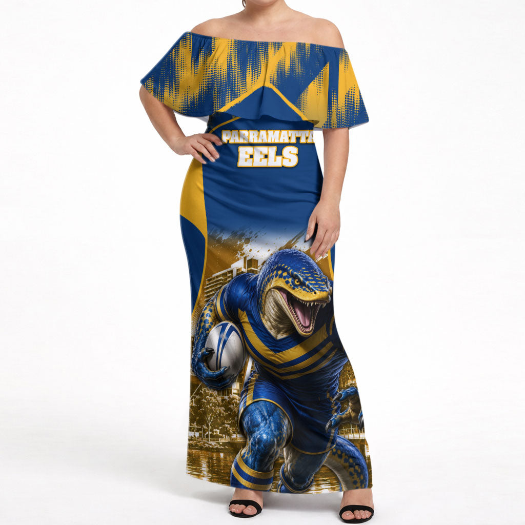 Personalised Parramatta Eels Mascot Rugby Off Shoulder Maxi Dress Parramatta Cityscape Athletic Graphic Print