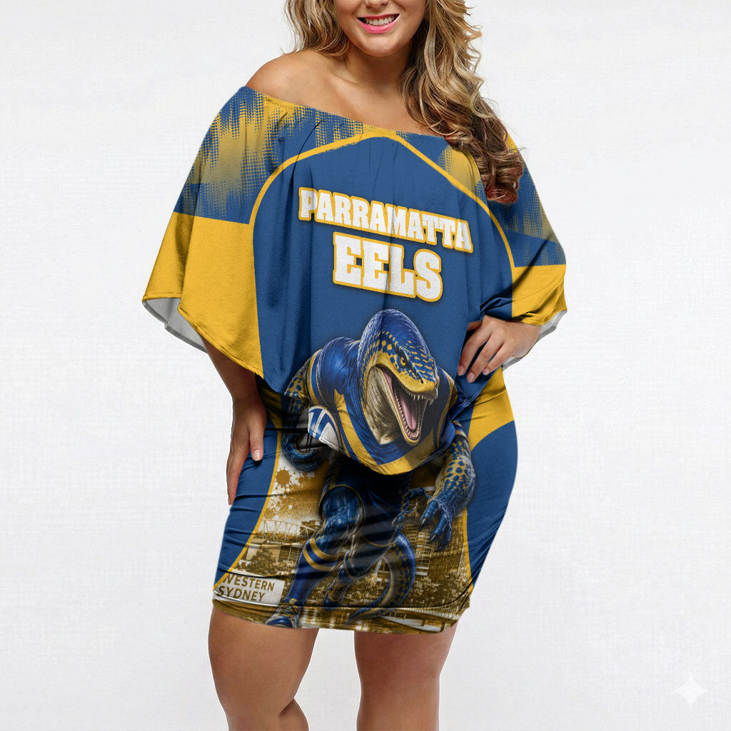 Personalised Parramatta Eels Mascot Rugby Off Shoulder Short Dress Parramatta Cityscape Athletic Graphic Print