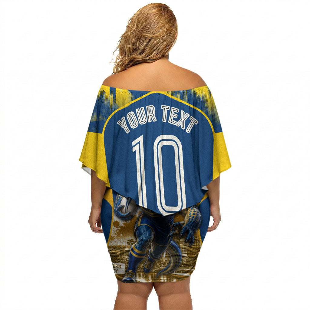Personalised Parramatta Eels Mascot Rugby Off Shoulder Short Dress Parramatta Cityscape Athletic Graphic Print