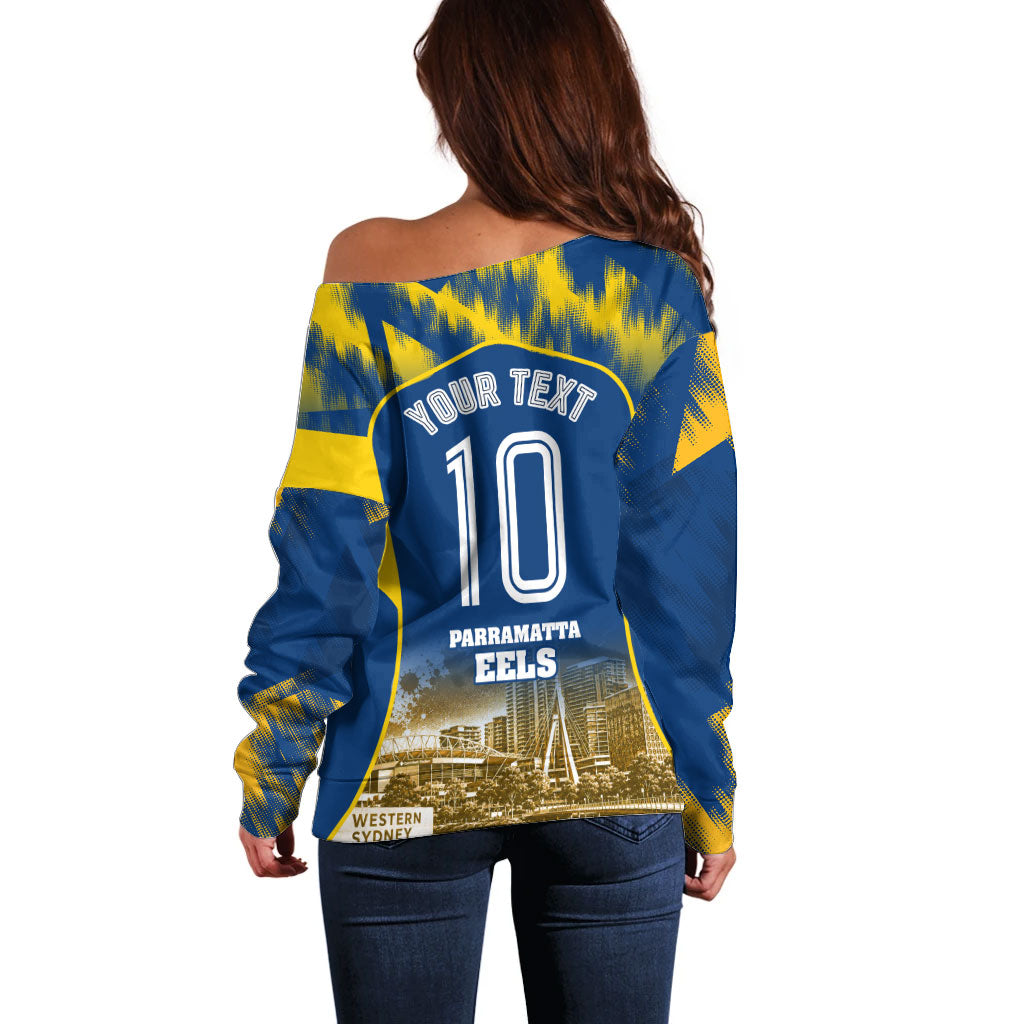 Personalised Parramatta Eels Mascot Rugby Off Shoulder Sweater Parramatta Cityscape Athletic Graphic Print