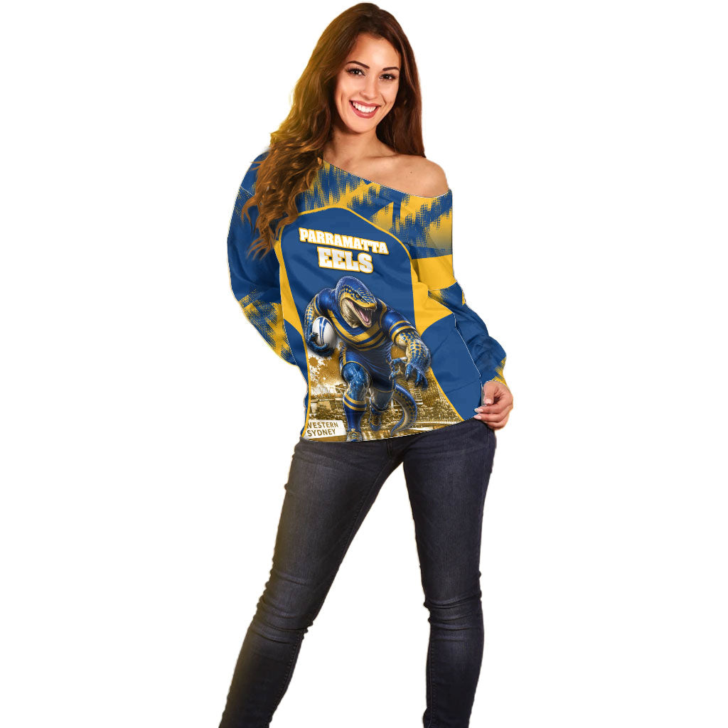 Personalised Parramatta Eels Mascot Rugby Off Shoulder Sweater Parramatta Cityscape Athletic Graphic Print