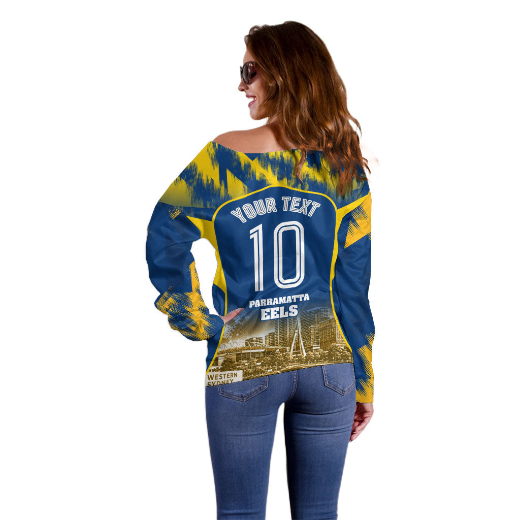 Personalised Parramatta Eels Mascot Rugby Off Shoulder Sweater Parramatta Cityscape Athletic Graphic Print