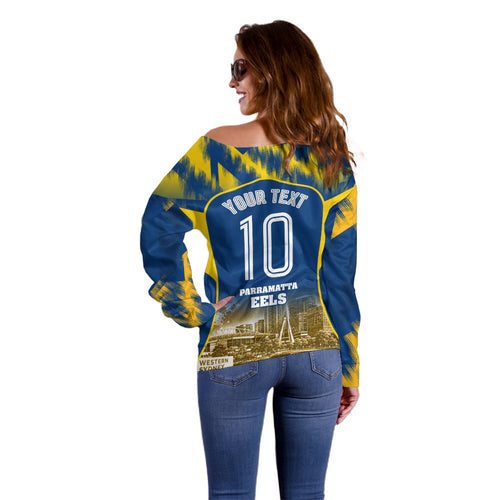 Personalised Parramatta Eels Mascot Rugby Off Shoulder Sweater Parramatta Cityscape Athletic Graphic Print