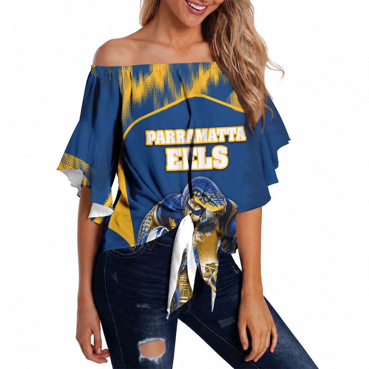 Personalised Parramatta Eels Mascot Rugby Off Shoulder Wrap Waist Top Parramatta Cityscape Athletic Graphic Print