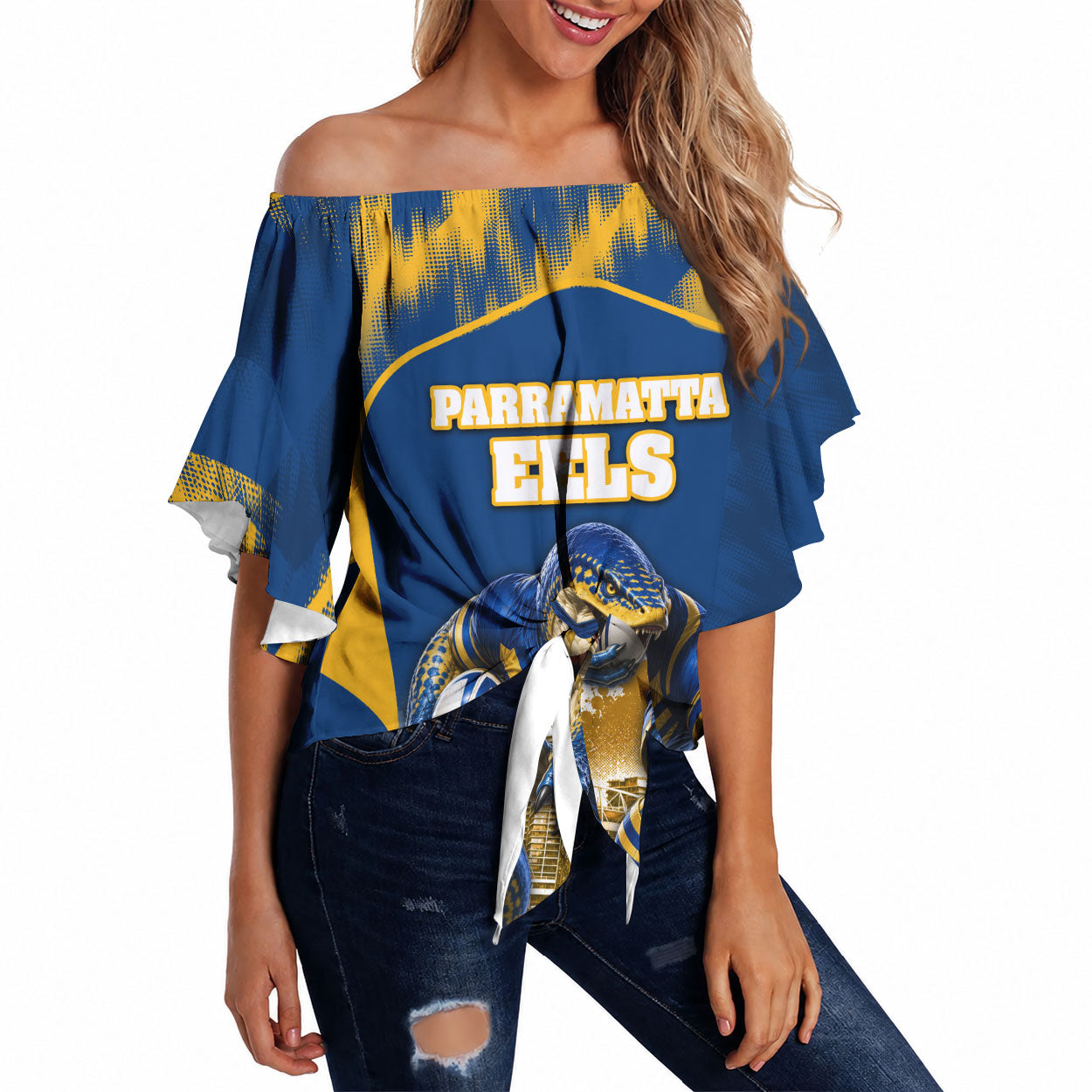 Personalised Parramatta Eels Mascot Rugby Off Shoulder Wrap Waist Top Parramatta Cityscape Athletic Graphic Print