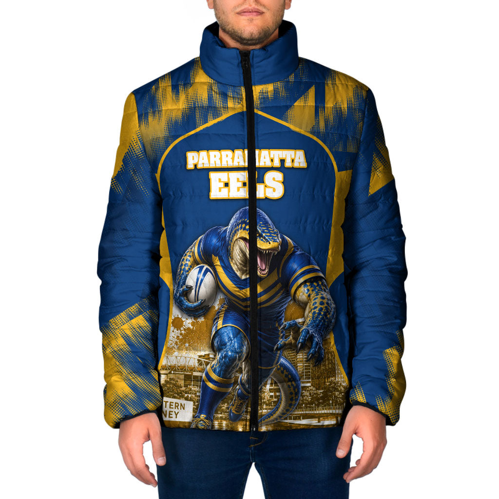 Personalised Parramatta Eels Mascot Rugby Padded Jacket Parramatta Cityscape Athletic Graphic Print