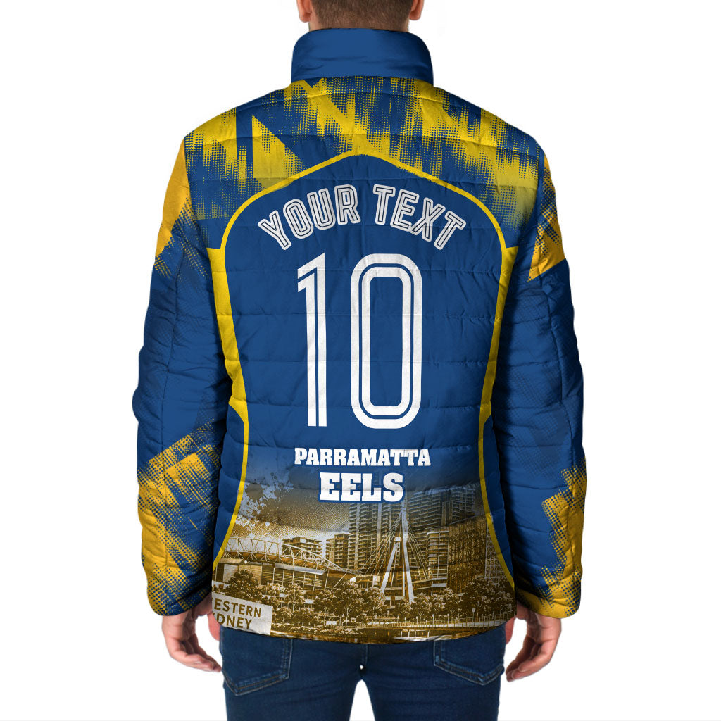 Personalised Parramatta Eels Mascot Rugby Padded Jacket Parramatta Cityscape Athletic Graphic Print