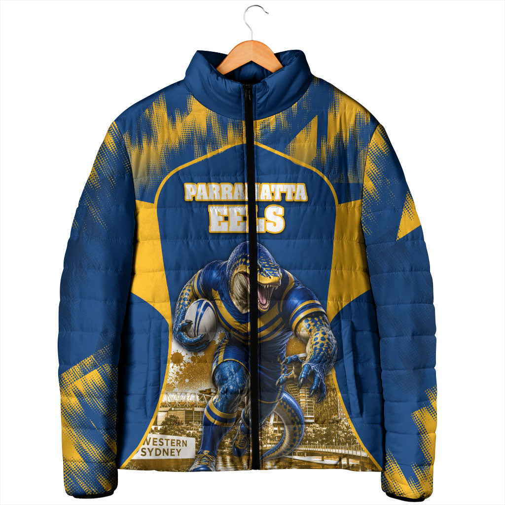 Personalised Parramatta Eels Mascot Rugby Padded Jacket Parramatta Cityscape Athletic Graphic Print