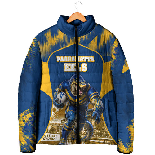 Personalised Parramatta Eels Mascot Rugby Padded Jacket Parramatta Cityscape Athletic Graphic Print