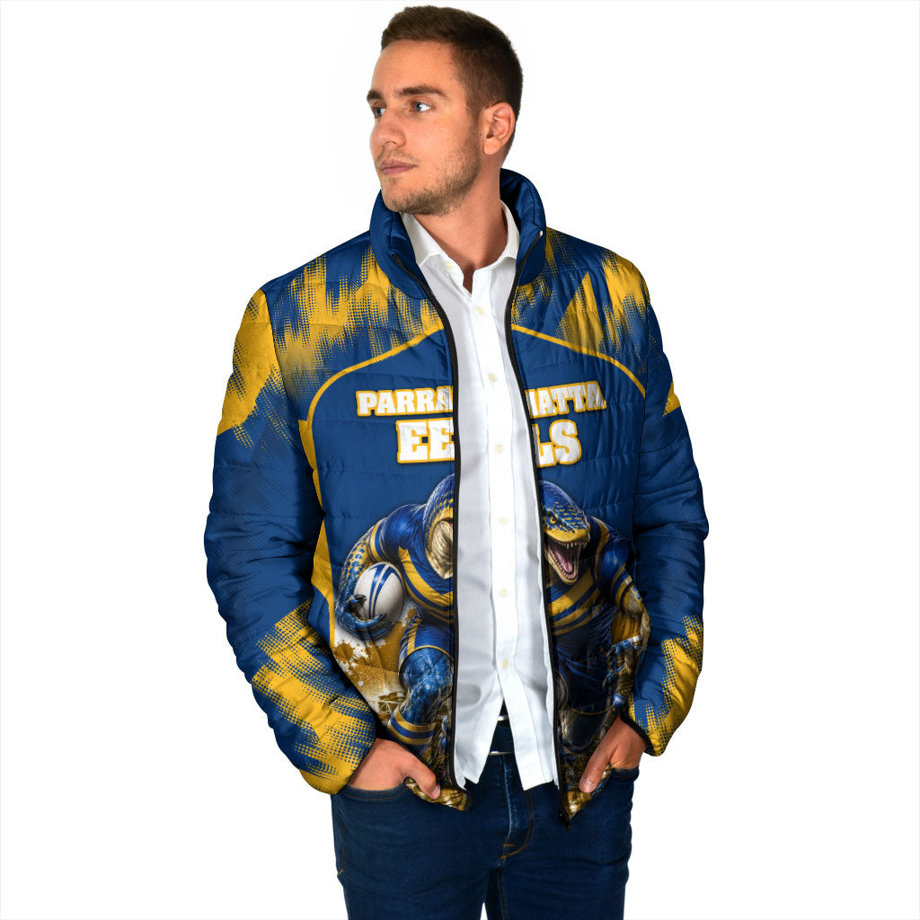 Personalised Parramatta Eels Mascot Rugby Padded Jacket Parramatta Cityscape Athletic Graphic Print