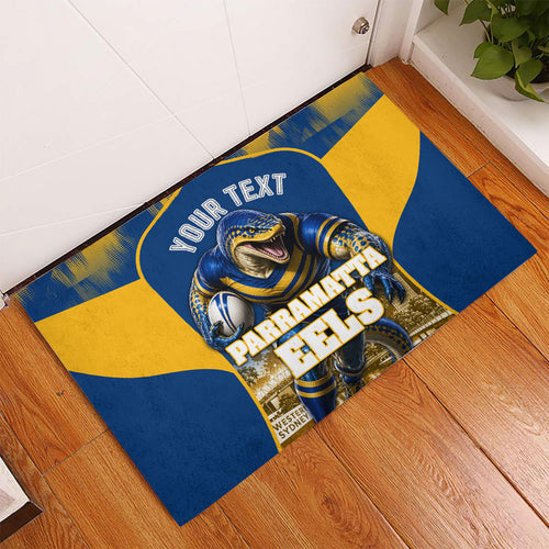 Personalised Parramatta Eels Mascot Rugby Rubber Doormat Parramatta Cityscape Athletic Graphic Print