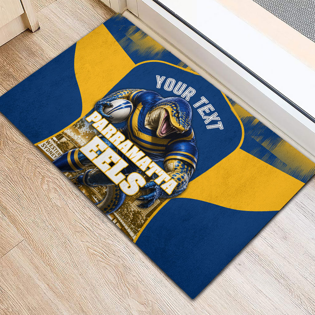 Personalised Parramatta Eels Mascot Rugby Rubber Doormat Parramatta Cityscape Athletic Graphic Print