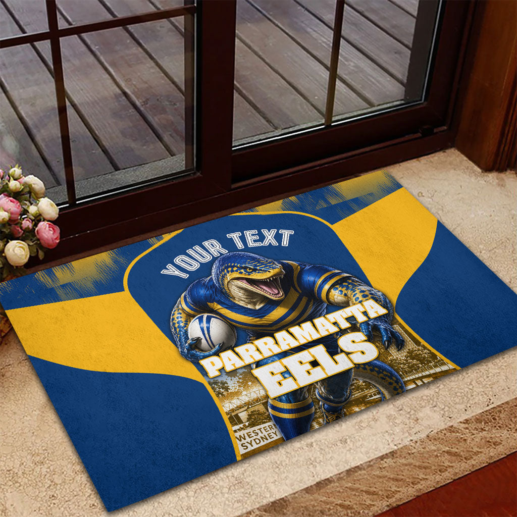 Personalised Parramatta Eels Mascot Rugby Rubber Doormat Parramatta Cityscape Athletic Graphic Print
