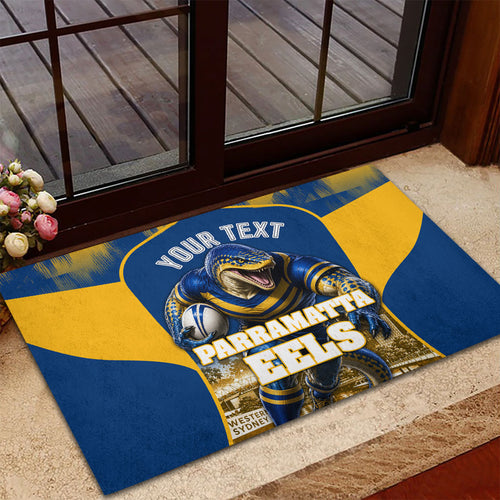 Personalised Parramatta Eels Mascot Rugby Rubber Doormat Parramatta Cityscape Athletic Graphic Print