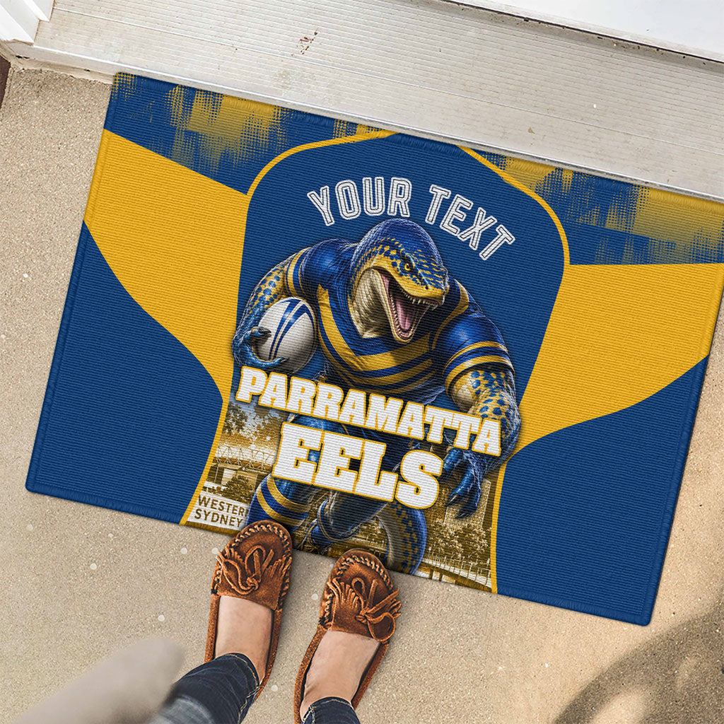 Personalised Parramatta Eels Mascot Rugby Rubber Doormat Parramatta Cityscape Athletic Graphic Print