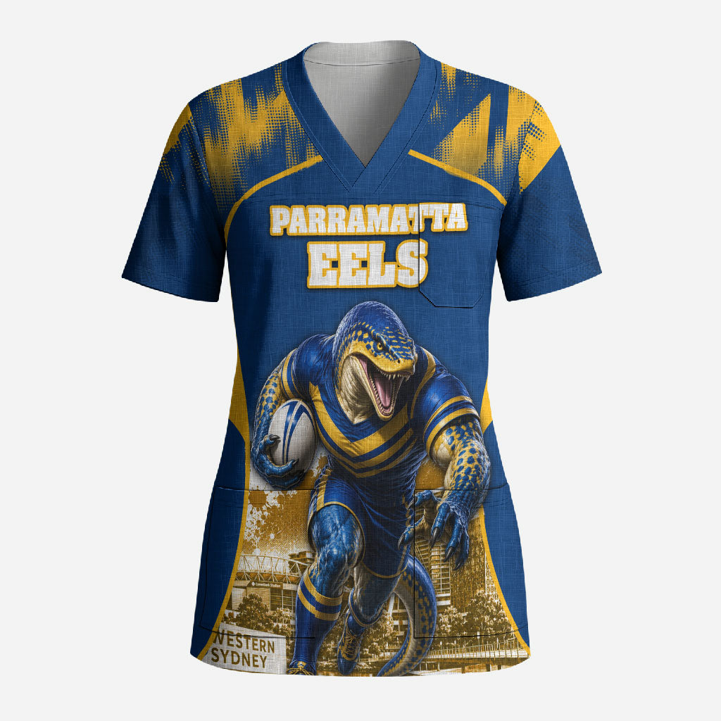 Personalised Parramatta Eels Mascot Rugby Scrub Top Parramatta Cityscape Athletic Graphic Print
