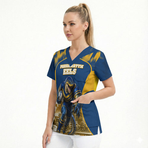 Personalised Parramatta Eels Mascot Rugby Scrub Top Parramatta Cityscape Athletic Graphic Print