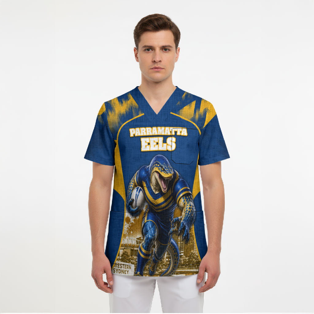 Personalised Parramatta Eels Mascot Rugby Scrub Top Parramatta Cityscape Athletic Graphic Print