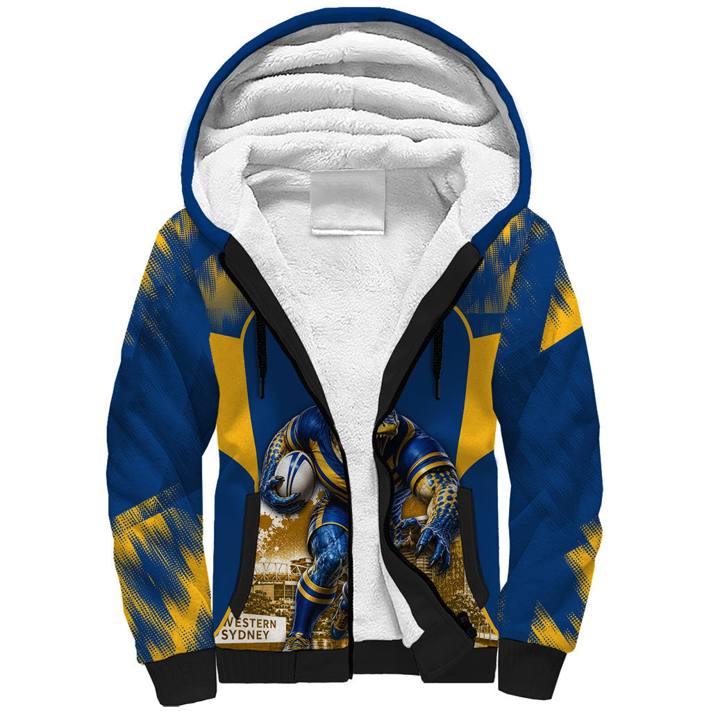 Personalised Parramatta Eels Mascot Rugby Sherpa Hoodie Parramatta Cityscape Athletic Graphic Print