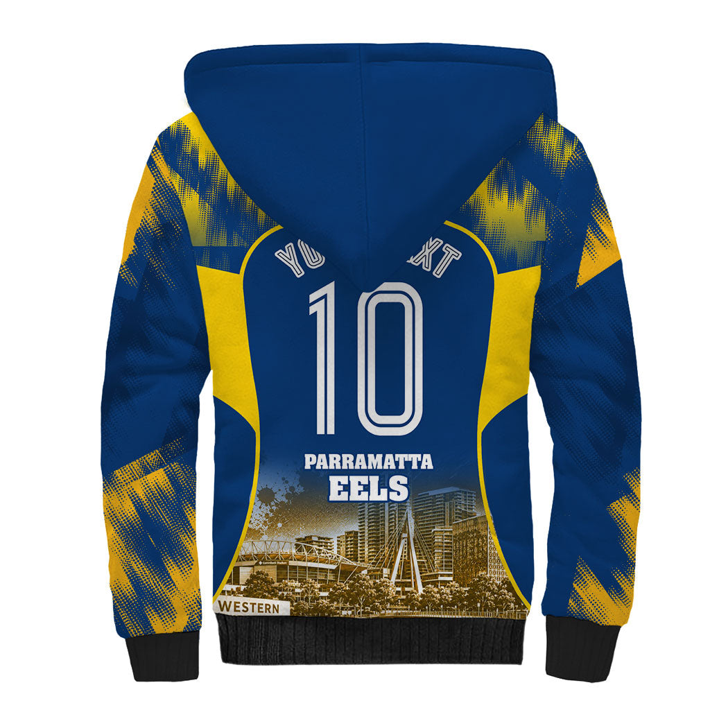 Personalised Parramatta Eels Mascot Rugby Sherpa Hoodie Parramatta Cityscape Athletic Graphic Print
