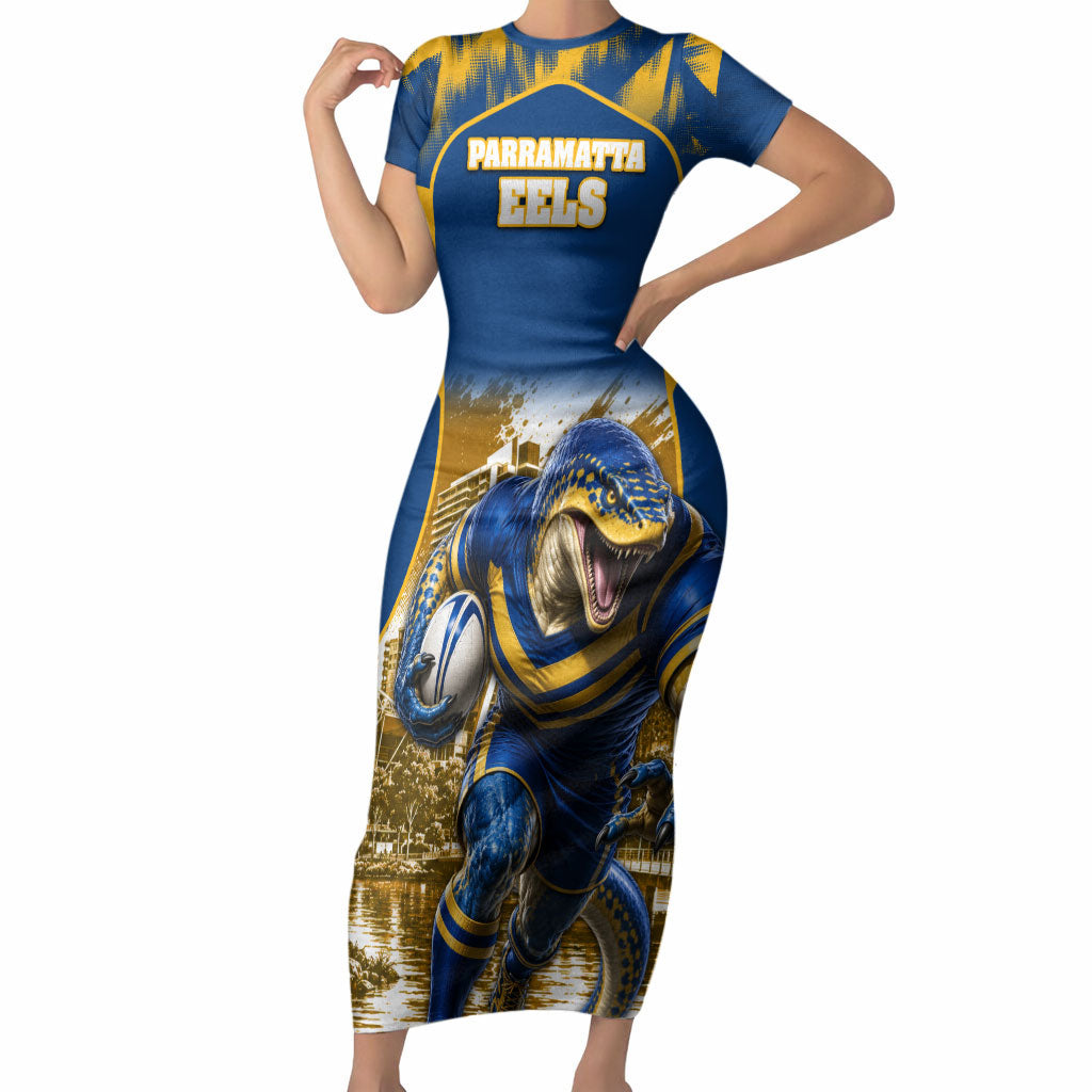 Personalised Parramatta Eels Mascot Rugby Short Sleeve Bodycon Dress Parramatta Cityscape Athletic Graphic Print