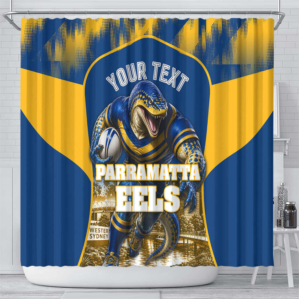 Personalised Parramatta Eels Mascot Rugby Shower Curtain Parramatta Cityscape Athletic Graphic Print