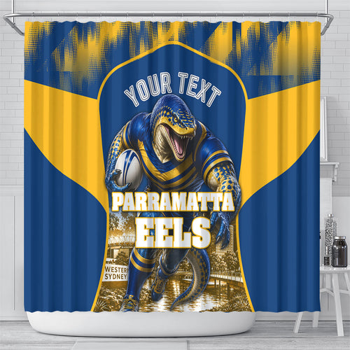 Personalised Parramatta Eels Mascot Rugby Shower Curtain Parramatta Cityscape Athletic Graphic Print
