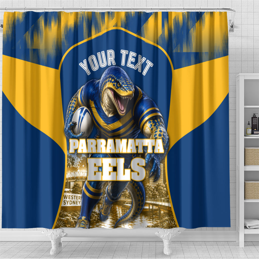 Personalised Parramatta Eels Mascot Rugby Shower Curtain Parramatta Cityscape Athletic Graphic Print