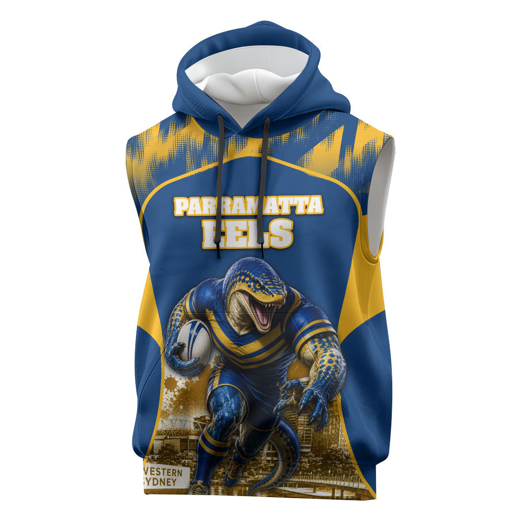 Personalised Parramatta Eels Mascot Rugby Sleeveless Hoodie Parramatta Cityscape Athletic Graphic Print