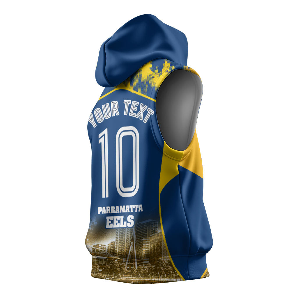 Personalised Parramatta Eels Mascot Rugby Sleeveless Hoodie Parramatta Cityscape Athletic Graphic Print