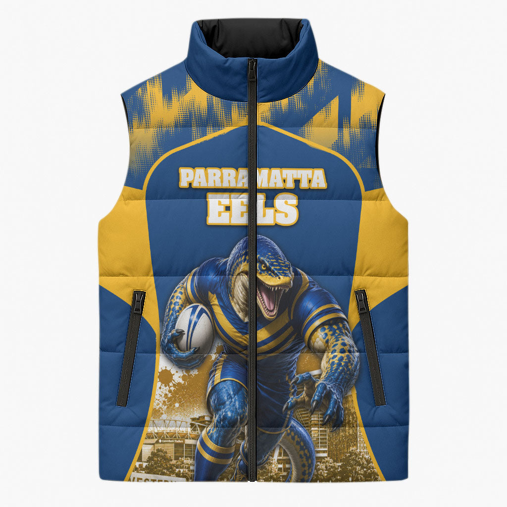 Personalised Parramatta Eels Mascot Rugby Sleeveless Puffer Jacket Parramatta Cityscape Athletic Graphic Print