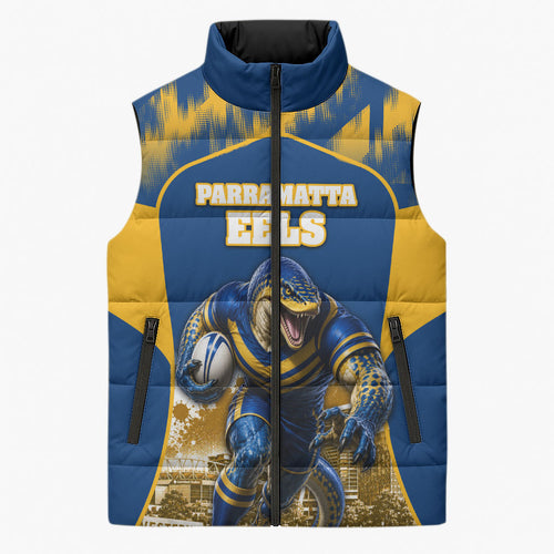 Personalised Parramatta Eels Mascot Rugby Sleeveless Puffer Jacket Parramatta Cityscape Athletic Graphic Print