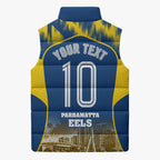 Personalised Parramatta Eels Mascot Rugby Sleeveless Puffer Jacket Parramatta Cityscape Athletic Graphic Print