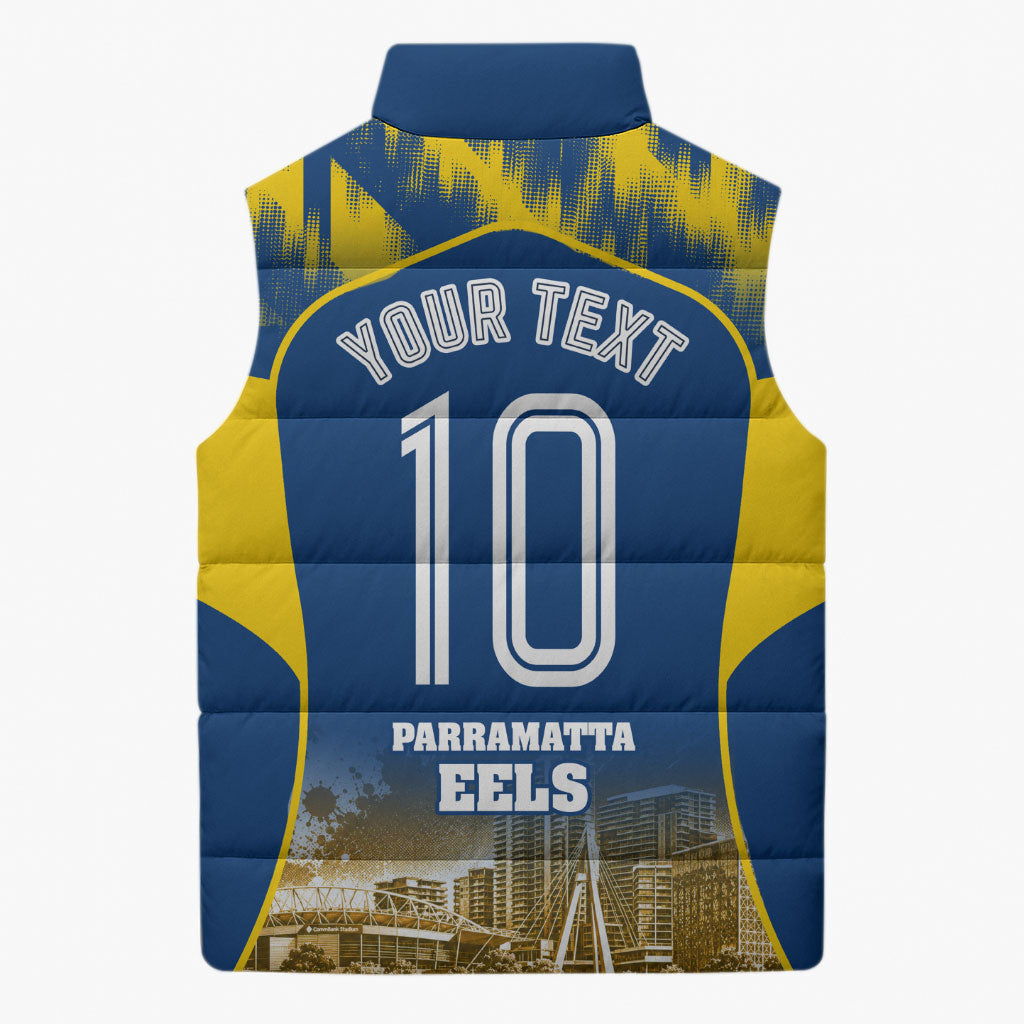 Personalised Parramatta Eels Mascot Rugby Sleeveless Puffer Jacket Parramatta Cityscape Athletic Graphic Print