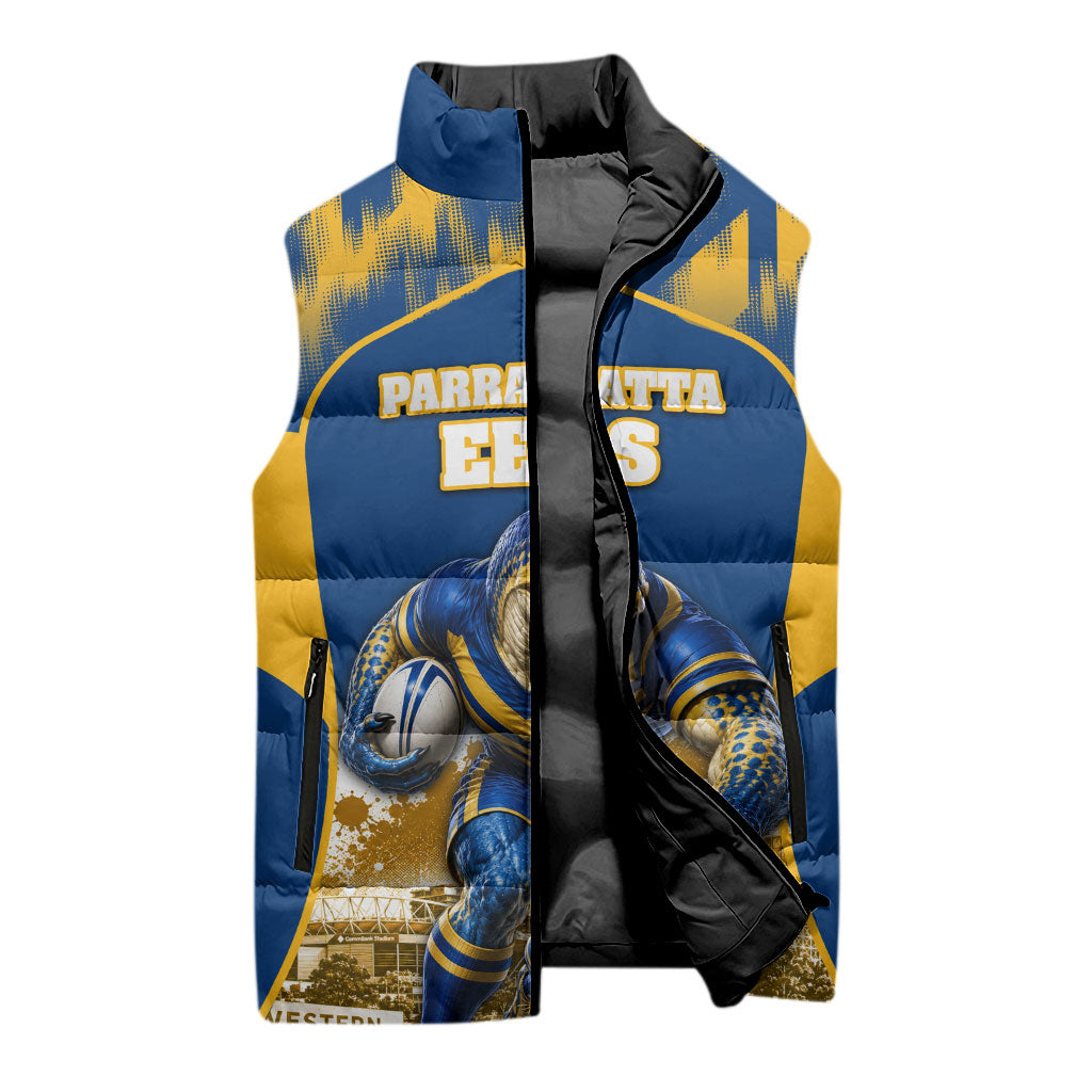 Personalised Parramatta Eels Mascot Rugby Sleeveless Puffer Jacket Parramatta Cityscape Athletic Graphic Print