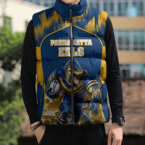 Personalised Parramatta Eels Mascot Rugby Sleeveless Puffer Jacket Parramatta Cityscape Athletic Graphic Print