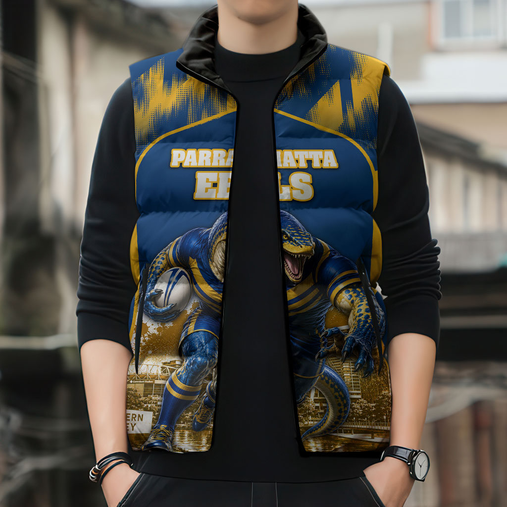 Personalised Parramatta Eels Mascot Rugby Sleeveless Puffer Jacket Parramatta Cityscape Athletic Graphic Print