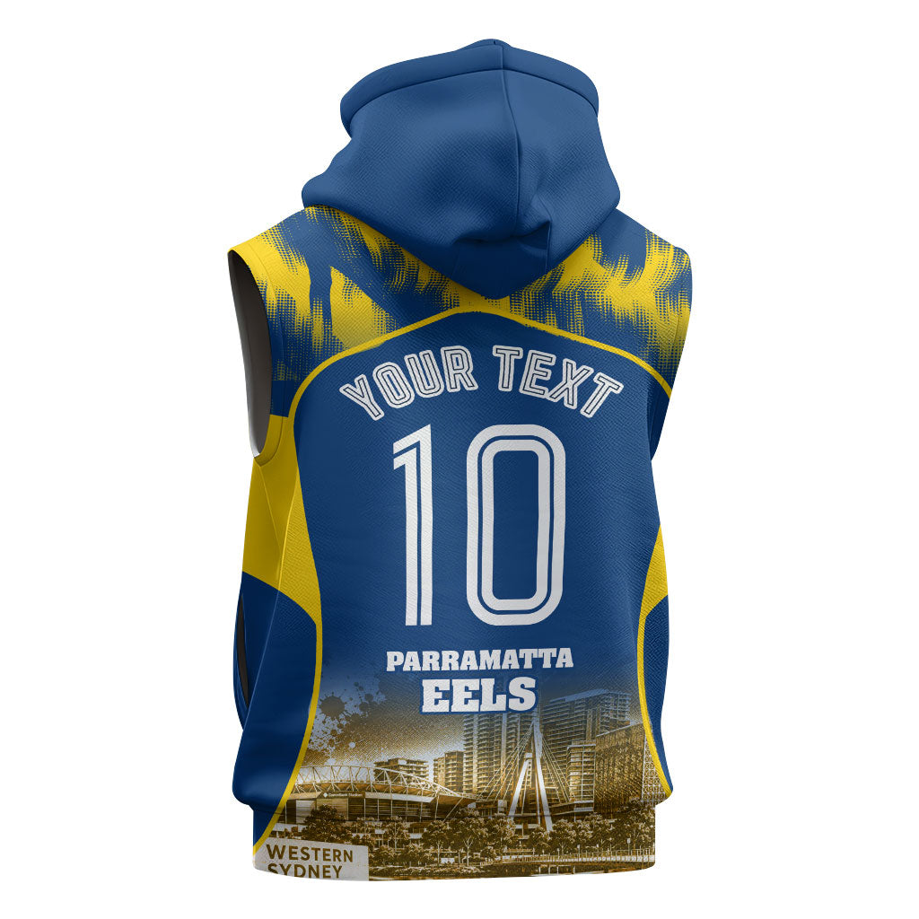 Personalised Parramatta Eels Mascot Rugby Sleeveless Zip Hoodie Parramatta Cityscape Athletic Graphic Print