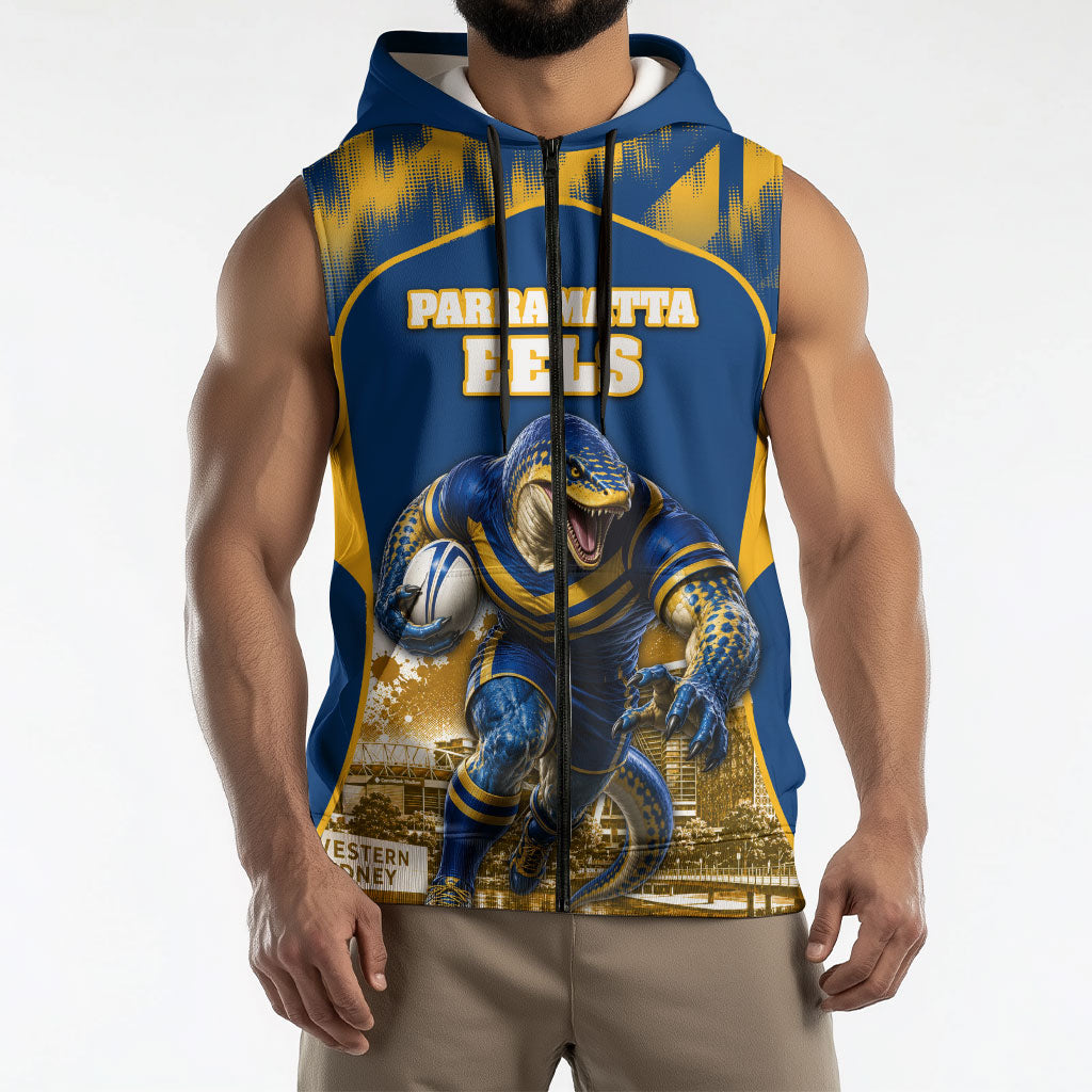 Personalised Parramatta Eels Mascot Rugby Sleeveless Zip Hoodie Parramatta Cityscape Athletic Graphic Print