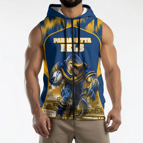 Personalised Parramatta Eels Mascot Rugby Sleeveless Zip Hoodie Parramatta Cityscape Athletic Graphic Print