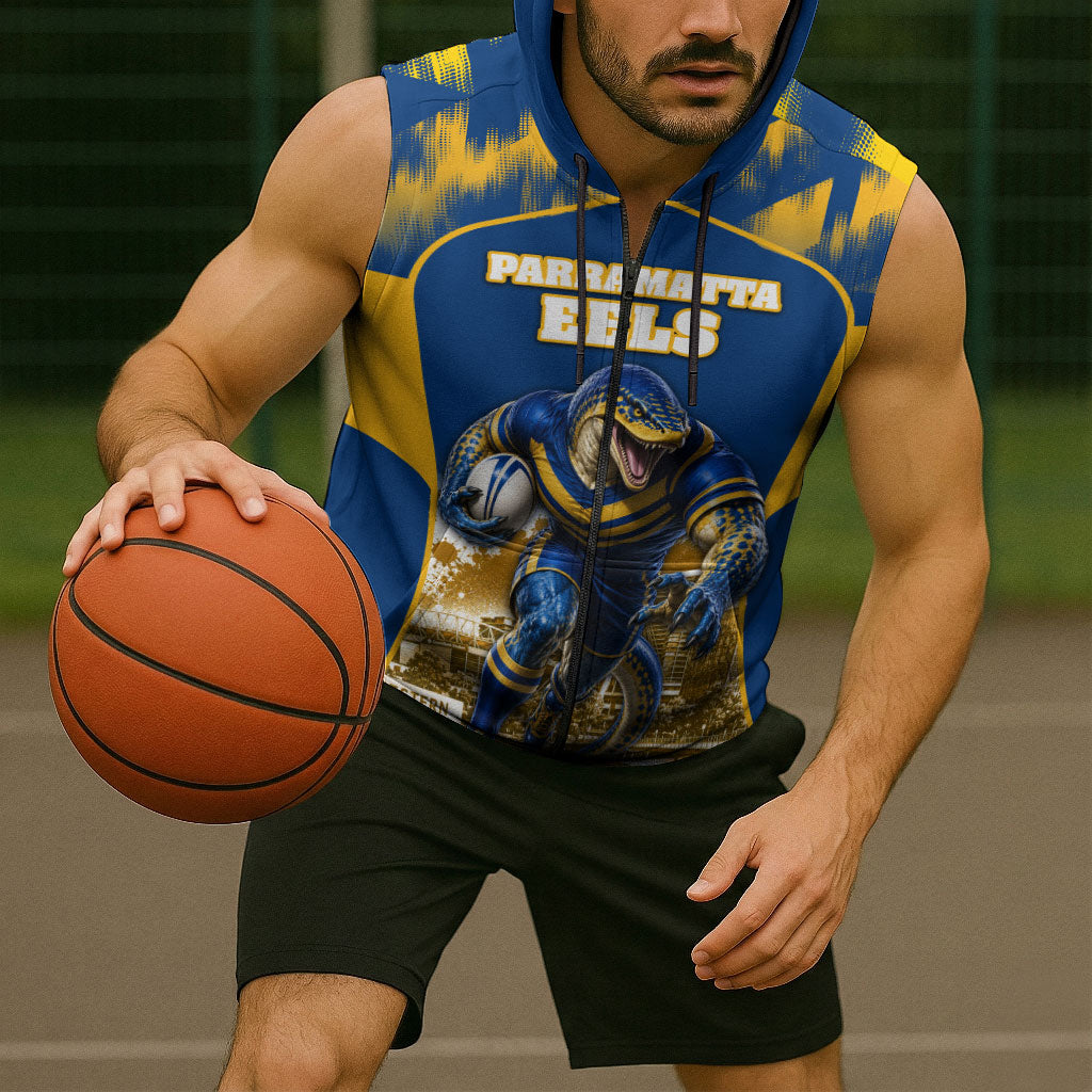 Personalised Parramatta Eels Mascot Rugby Sleeveless Zip Hoodie Parramatta Cityscape Athletic Graphic Print
