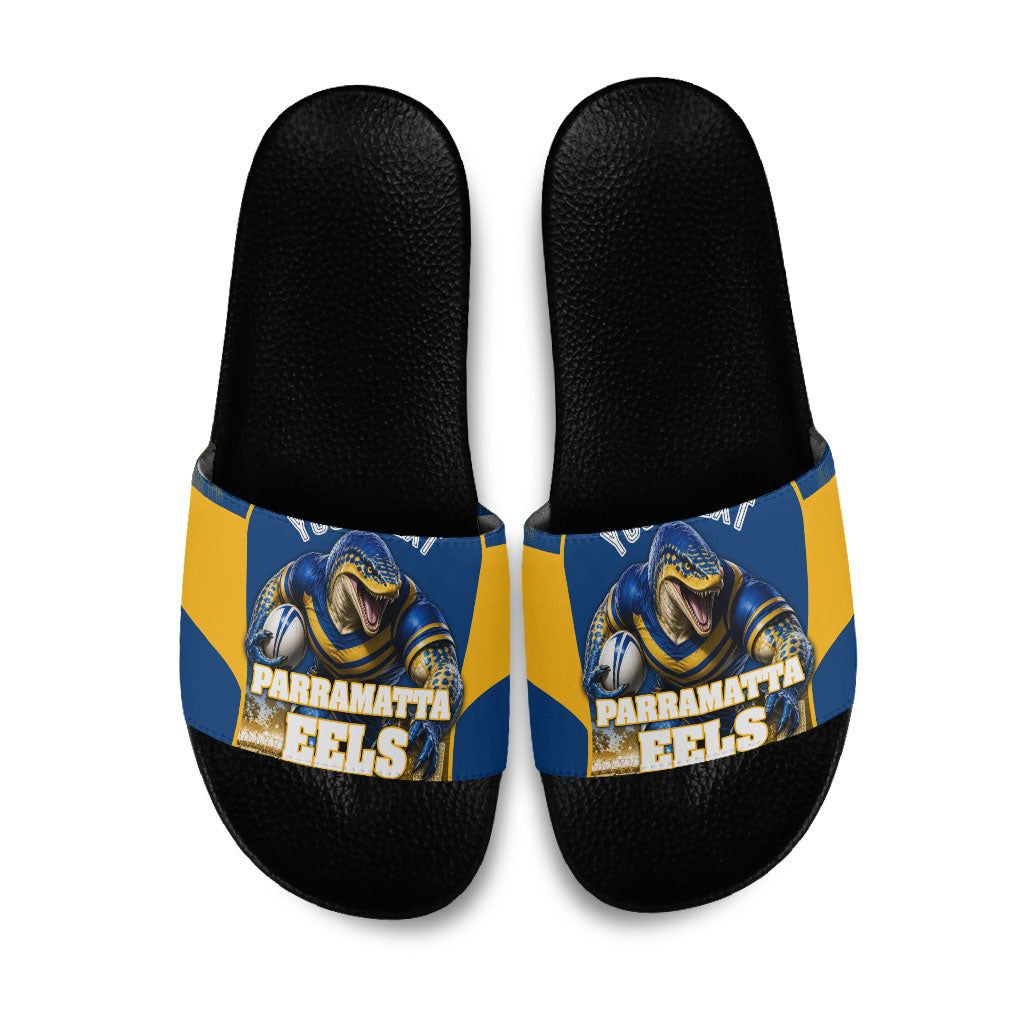 Personalised Parramatta Eels Mascot Rugby Slide Sandals Parramatta Cityscape Athletic Graphic Print