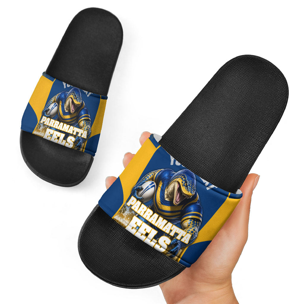 Personalised Parramatta Eels Mascot Rugby Slide Sandals Parramatta Cityscape Athletic Graphic Print
