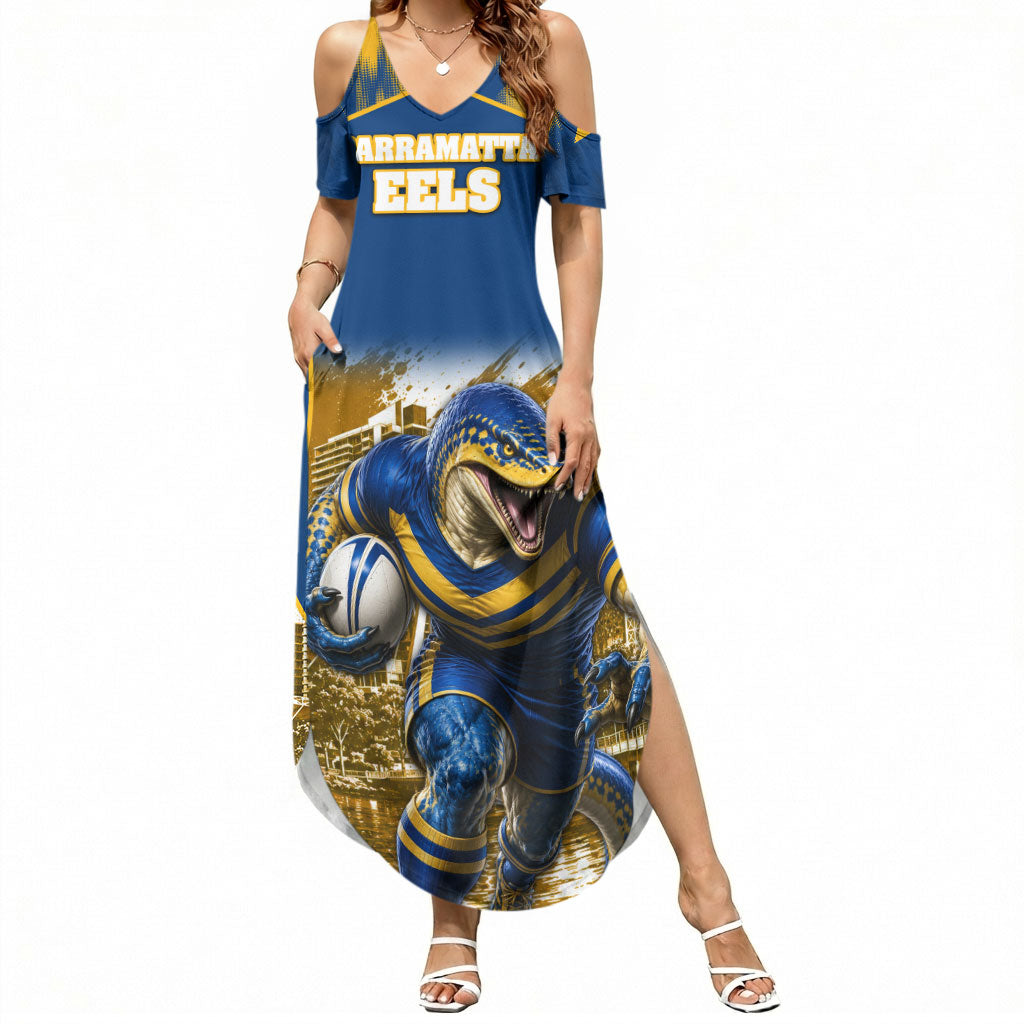 Personalised Parramatta Eels Mascot Rugby Summer Maxi Dress Parramatta Cityscape Athletic Graphic Print