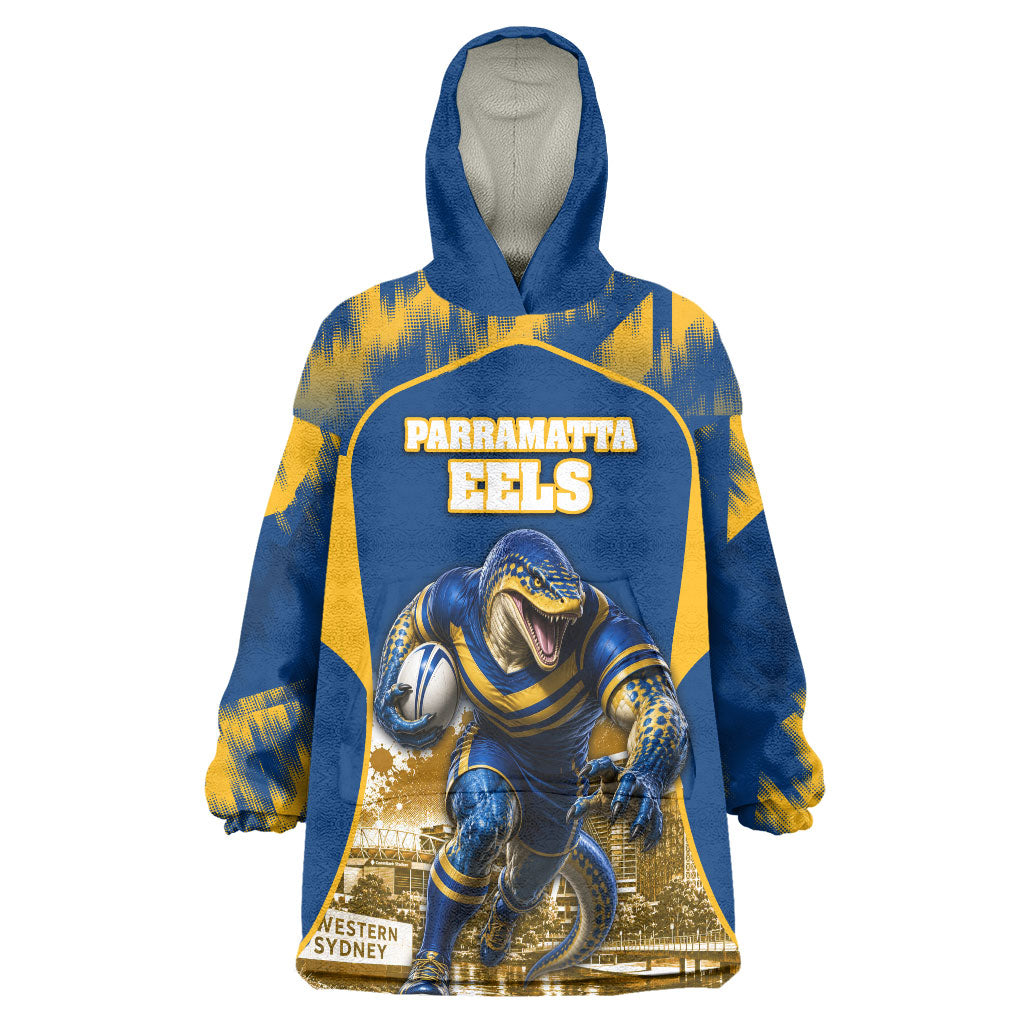 Personalised Parramatta Eels Mascot Rugby Wearable Blanket Hoodie Parramatta Cityscape Athletic Graphic Print