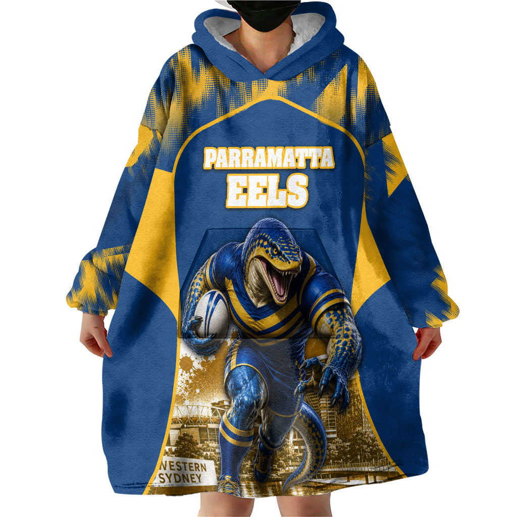 Personalised Parramatta Eels Mascot Rugby Wearable Blanket Hoodie Parramatta Cityscape Athletic Graphic Print