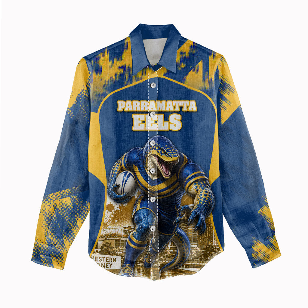 Personalised Parramatta Eels Mascot Rugby Women Casual Shirt Parramatta Cityscape Athletic Graphic Print