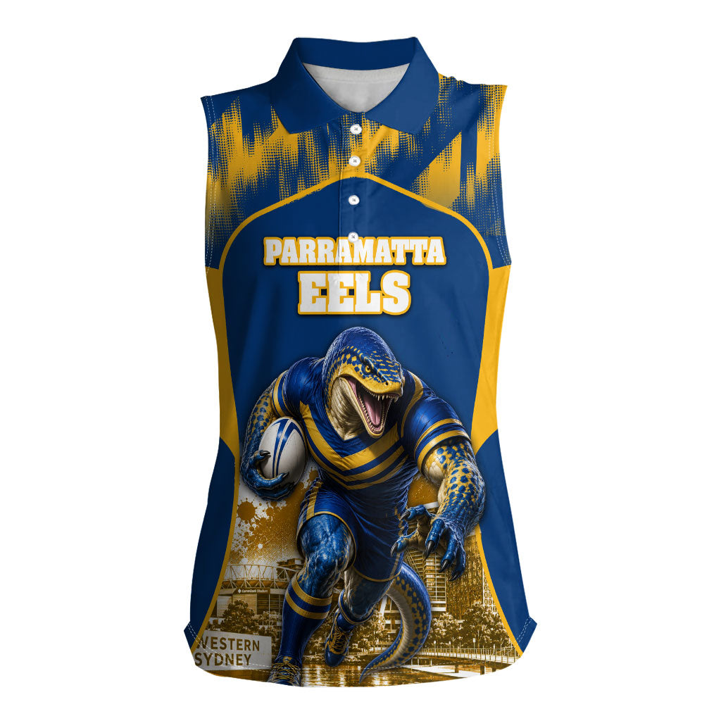 Personalised Parramatta Eels Mascot Rugby Women Sleeveless Polo Shirt Parramatta Cityscape Athletic Graphic Print