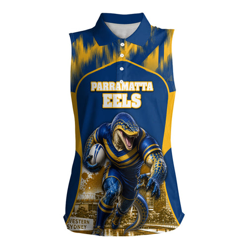 Personalised Parramatta Eels Mascot Rugby Women Sleeveless Polo Shirt Parramatta Cityscape Athletic Graphic Print
