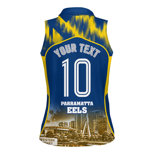 Personalised Parramatta Eels Mascot Rugby Women Sleeveless Polo Shirt Parramatta Cityscape Athletic Graphic Print